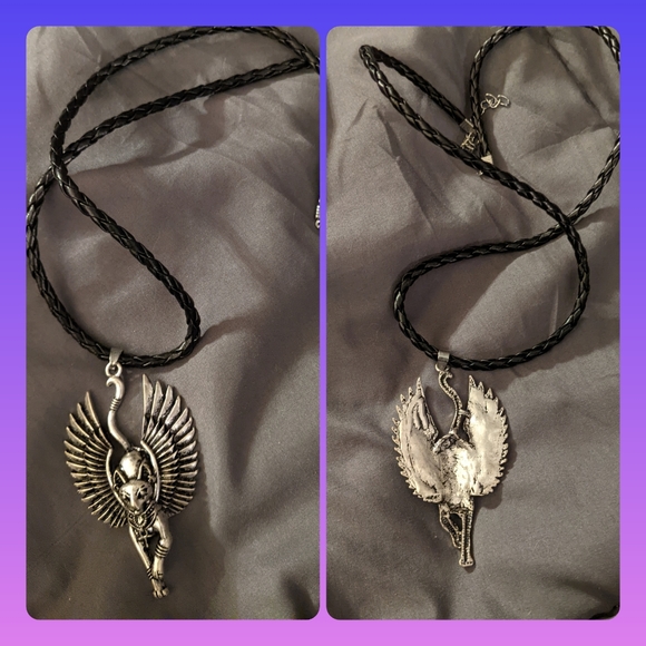 5/$25 Silver egyptian queen cat w wings pendant, leather braided necklace - Picture 4 of 5